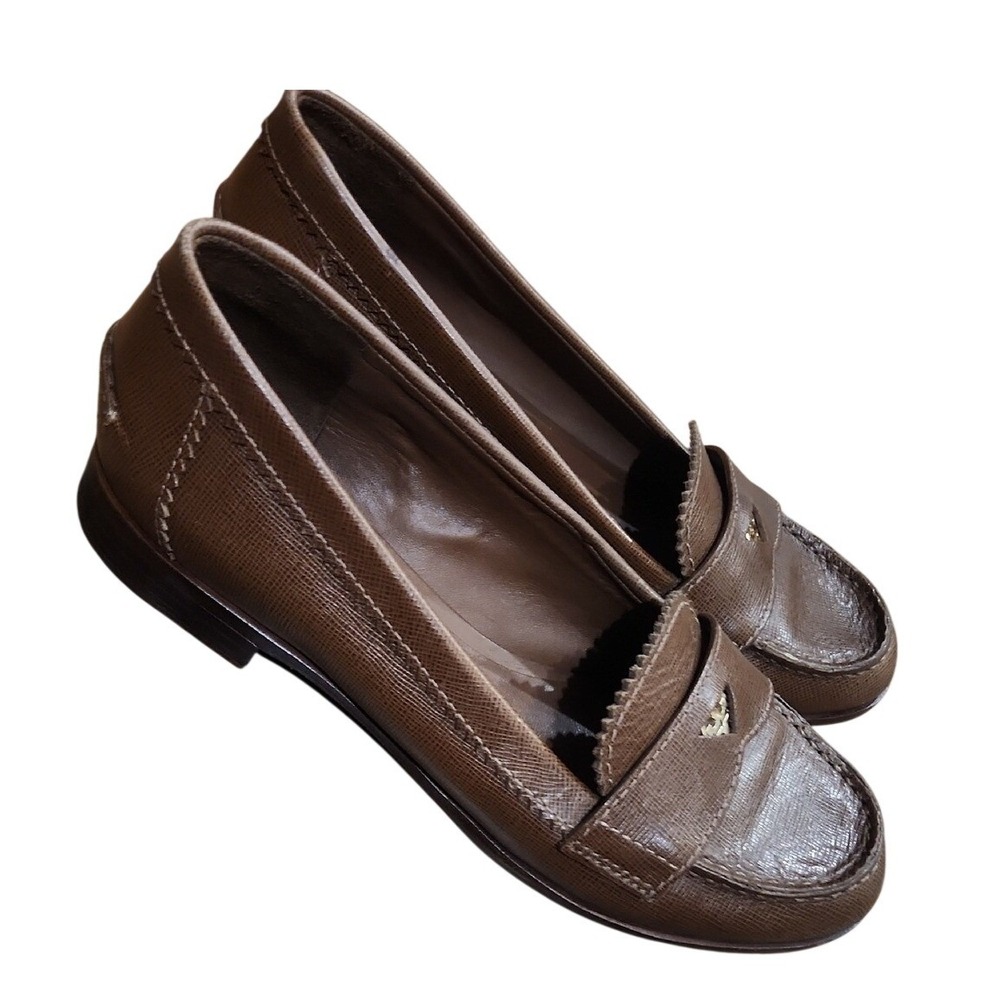 Tory Burch Preppy Brown Gold Leather‎ Penny Loafer Academia Scandi Poetcore 7.5